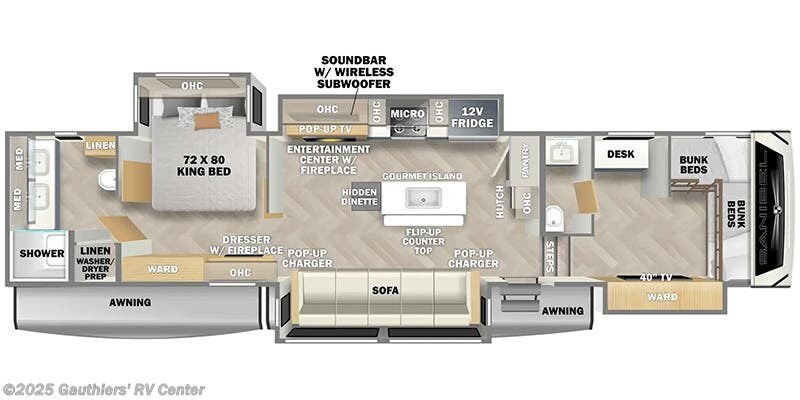 Call now about this 2025 Prime Time Sanibel 3952FBWB! Floorplan of 2025 Prime Time Sanibel 3952FBWB