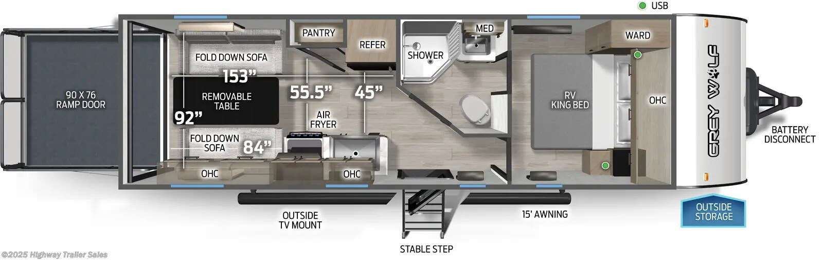 Call now about this 2026 Forest River Cherokee Grey Wolf Black Label 22RRBL! Floorplan of 2026 Forest River Cherokee Grey Wolf Black Label 22RRBL