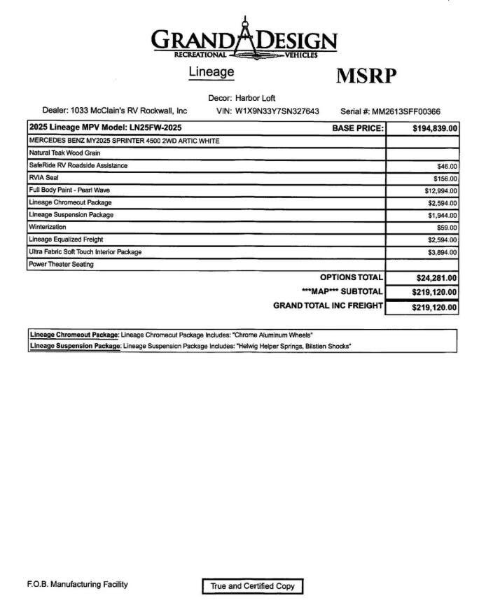 Contact us now about this 2025 Grand Design Lineage 25FW! 2025 Lineage 25FW by Grand Design from McClain's Longhorn RV in Sanger, Texas