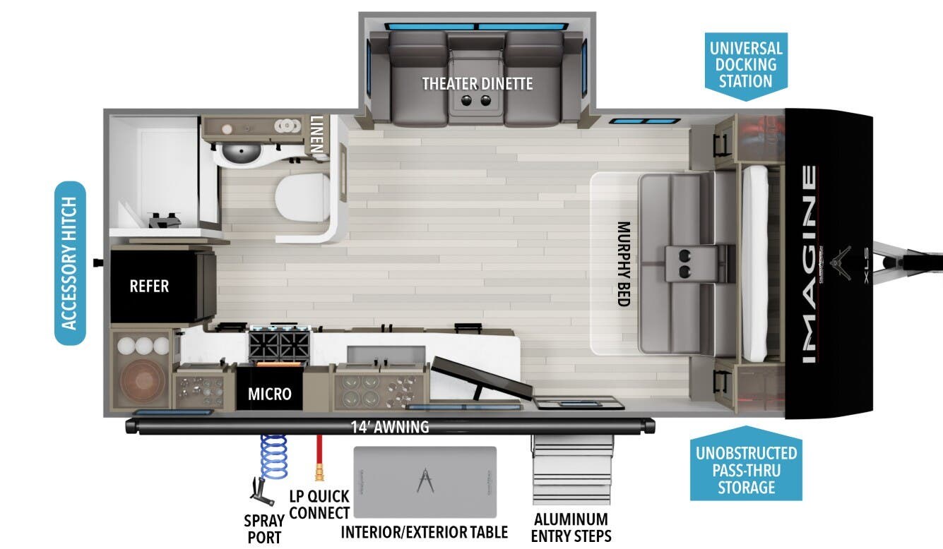 Call now about this 2025 Grand Design Imagine XLS 17MKE! 2025 Grand Design Imagine XLS 17MKE - New Travel Trailer For Sale by McClain's RV Superstore in Corinth, Texas features Toilet, Roof Vents, External Shower, Stove Top Burner, Exterior Speakers