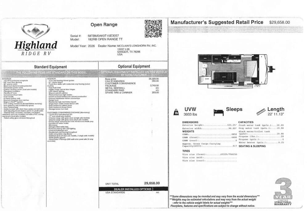 Contact us now about this 2026 Highland Ridge Open Range CONV 182RB! 2026 Open Range CONV 182RB by Highland Ridge from McClain's RV Fort Worth in Fort Worth, Texas