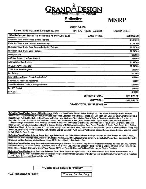 Contact us now about this 2026 Grand Design Reflection 345RLTS! 2026 Reflection 345RLTS by Grand Design from McClain's Longhorn RV in Sanger, Texas