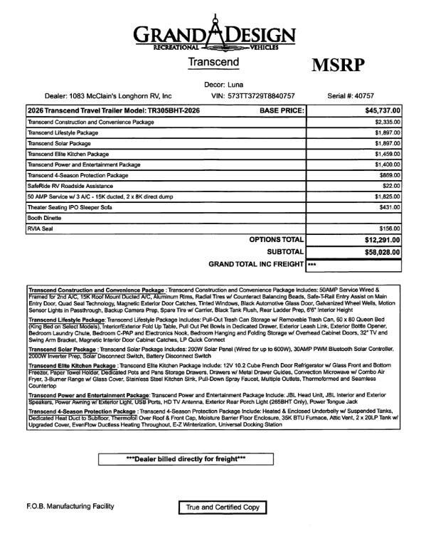 Contact us now about this 2026 Grand Design Transcend 305BHT! 2026 Transcend 305BHT by Grand Design from McClain's Longhorn RV in Sanger, Texas