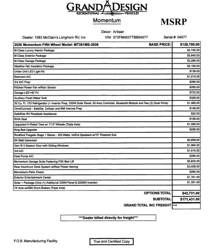 Contact us now about this 2026 Grand Design Momentum 381MS! 2026 Momentum 381MS by Grand Design from McClain's Longhorn RV in Sanger, Texas