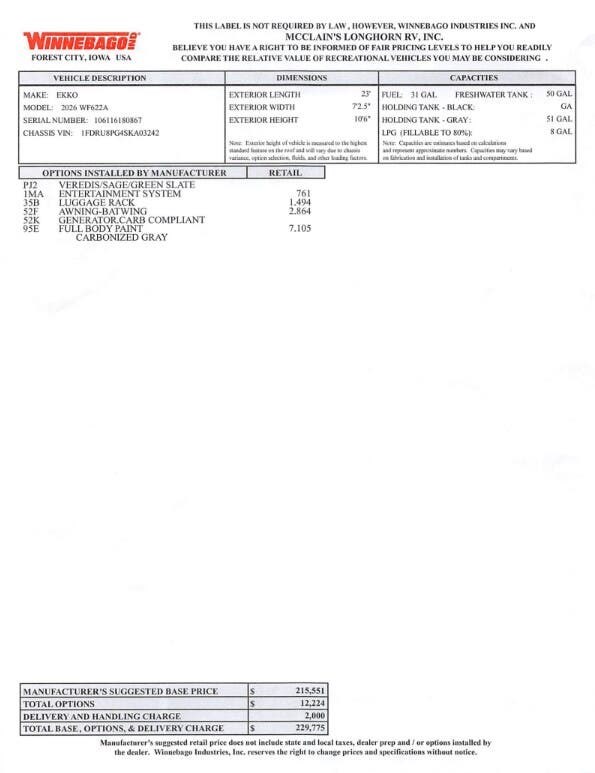 Contact us now about this 2026 Winnebago Ekko 22A! 2026 Ekko 22A by Winnebago from McClain's Longhorn RV in Sanger, Texas