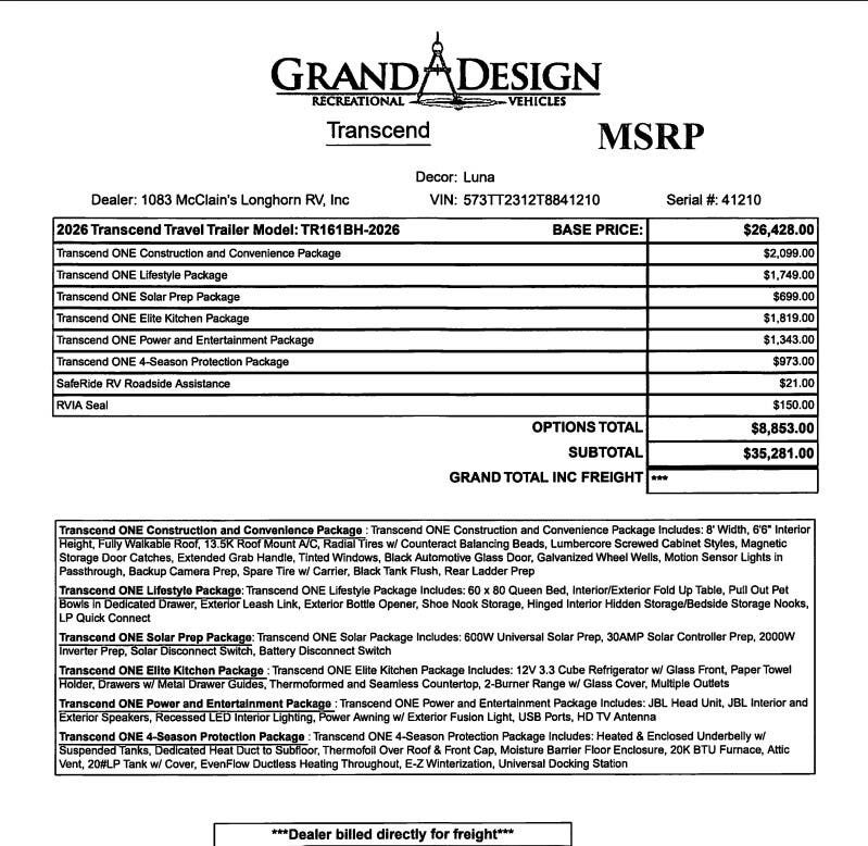 Contact us now about this 2026 Grand Design Transcend One 161BH! 2026 Transcend One 161BH by Grand Design from McClain's Longhorn RV in Sanger, Texas