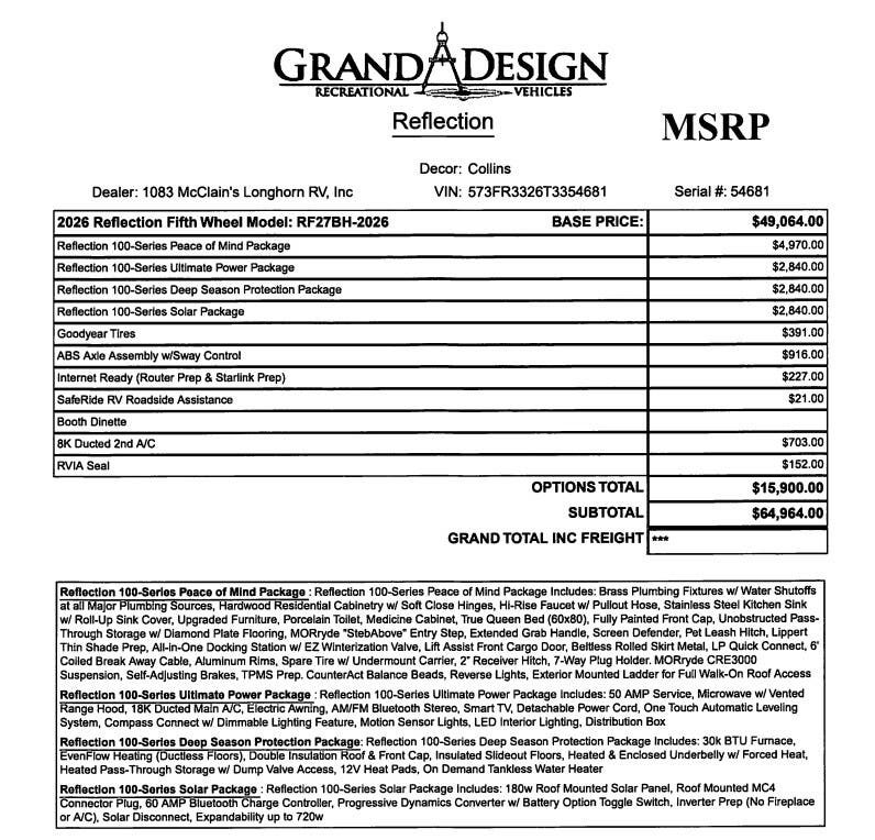 Contact us now about this 2026 Grand Design Reflection 100 27BH! 2026 Reflection 100 27BH by Grand Design from McClain's Longhorn RV in Sanger, Texas