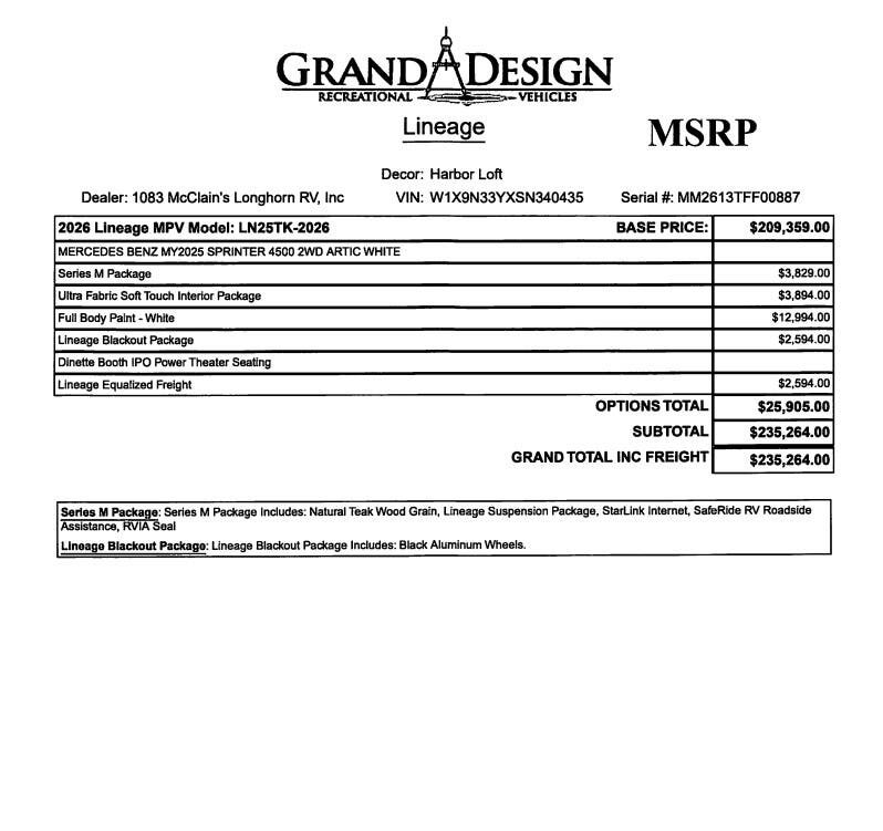 Contact us now about this 2026 Grand Design Lineage 25TK! 2026 Lineage 25TK by Grand Design from McClain's Longhorn RV in Sanger, Texas