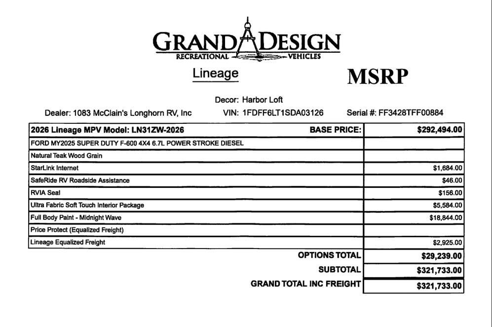 Contact us now about this 2026 Grand Design Lineage 31ZW! 2026 Lineage 31ZW by Grand Design from McClain's Longhorn RV in Sanger, Texas