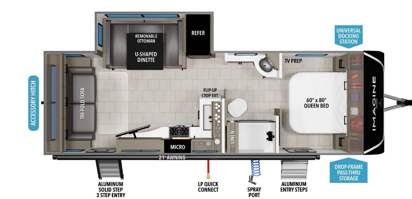 Call now about this 2026 Grand Design Imagine 2500RL! 2026 Grand Design Imagine 2500RL - New Travel Trailer For Sale by McClain's Longhorn RV in Sanger, Texas features Microwave, Detachable, Skylight, Slam Latch Baggage Doors, Detachable Power Cord