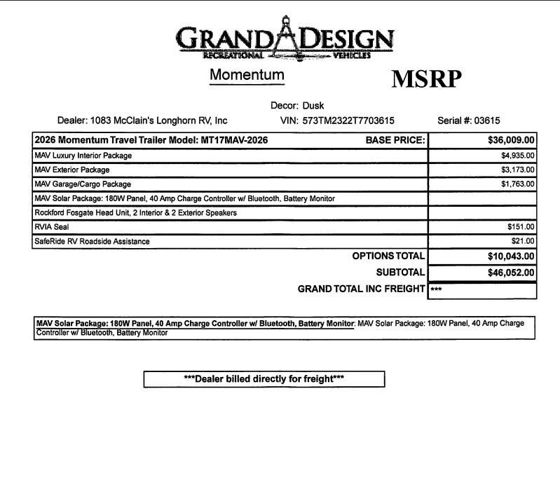 Contact us now about this 2026 Grand Design Momentum 17MAV! 2026 Momentum 17MAV by Grand Design from McClain's RV Superstore in Corinth, Texas