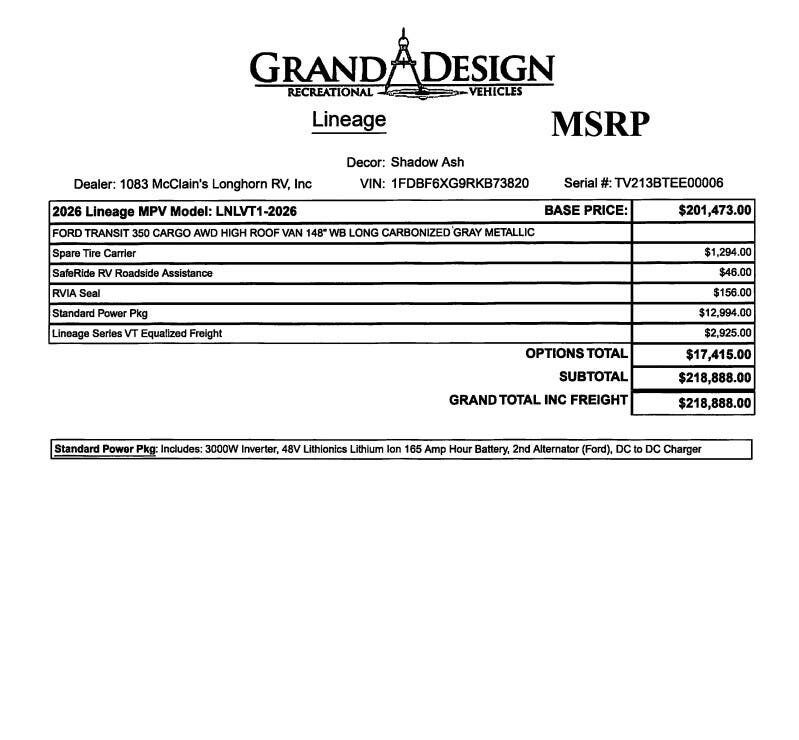 Contact us now about this 2026 Grand Design Lineage LVT1! 2026 Lineage LVT1 by Grand Design from McClain's RV Fort Worth in Fort Worth, Texas
