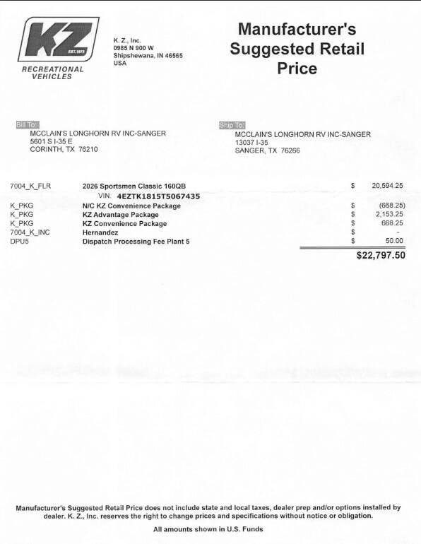 Contact us now about this 2026 K-Z Sportsmen Classic 160QB! 2026 Sportsmen Classic 160QB by K-Z from McClain's Longhorn RV in Sanger, Texas