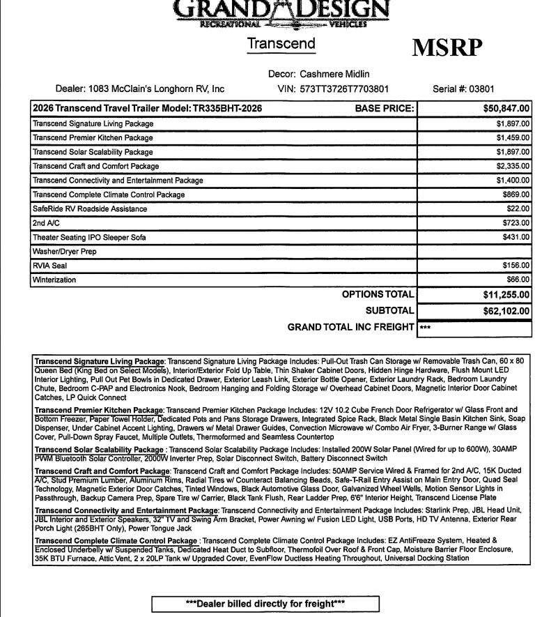 Contact us now about this 2026 Grand Design Transcend 335BHT! 2026 Transcend 335BHT by Grand Design from McClain's Longhorn RV in Sanger, Texas