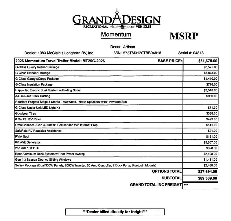 Contact us now about this 2026 Grand Design Momentum G-Class 25G! 2026 Momentum G-Class 25G by Grand Design from McClain's Longhorn RV in Sanger, Texas