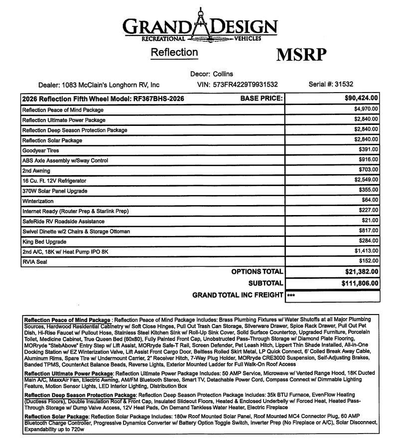 Contact us now about this 2026 Grand Design Reflection 367BHS! 2026 Reflection 367BHS by Grand Design from McClain's Longhorn RV in Sanger, Texas