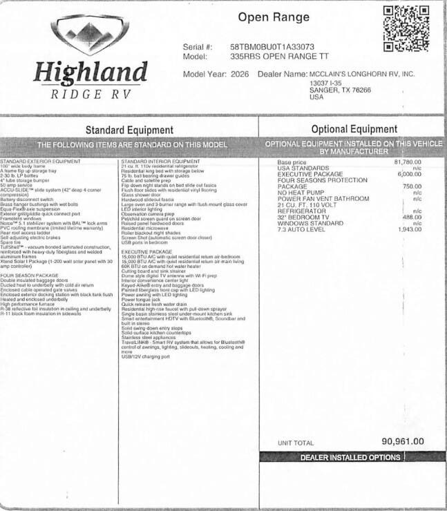 Contact us now about this 2026 Highland Ridge Open Range 335RBS! 2026 Open Range 335RBS by Highland Ridge from McClain's Longhorn RV in Sanger, Texas