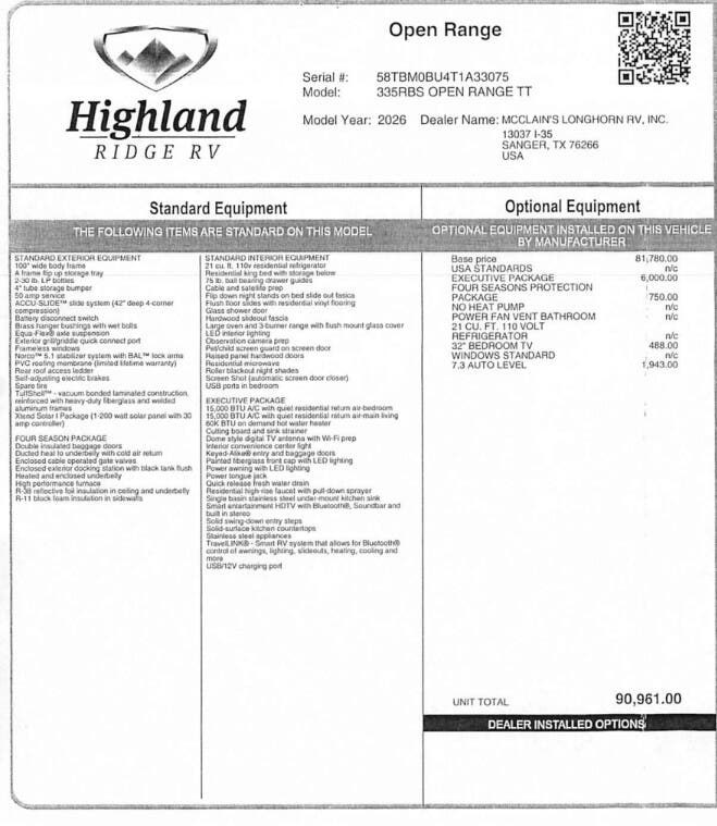 Contact us now about this 2026 Highland Ridge Open Range 335RBS! 2026 Open Range 335RBS by Highland Ridge from McClain's Longhorn RV in Sanger, Texas