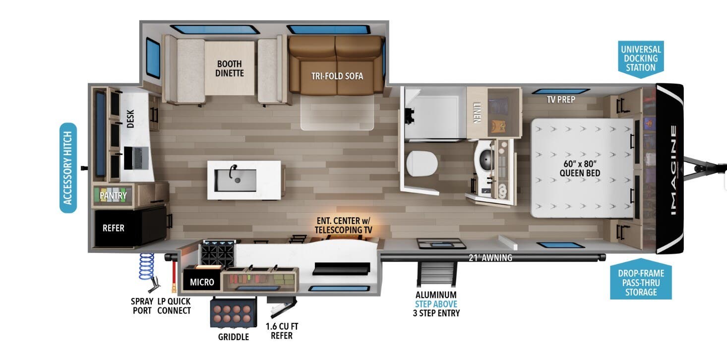 Call now about this 2024 Grand Design Imagine 2670MK! 2024 Grand Design Imagine 2670MK - Used Travel Trailer For Sale by McClain's Longhorn RV in Sanger, Texas features Leveling Jacks, Overhead Cabinetry, LP Detector, Power Awning, Toilet