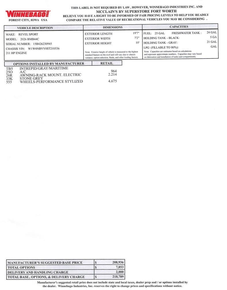 Contact us now about this 2026 Winnebago Revel Sport 44C! 2026 Revel Sport 44C by Winnebago from McClains RV in Kerrville, Texas