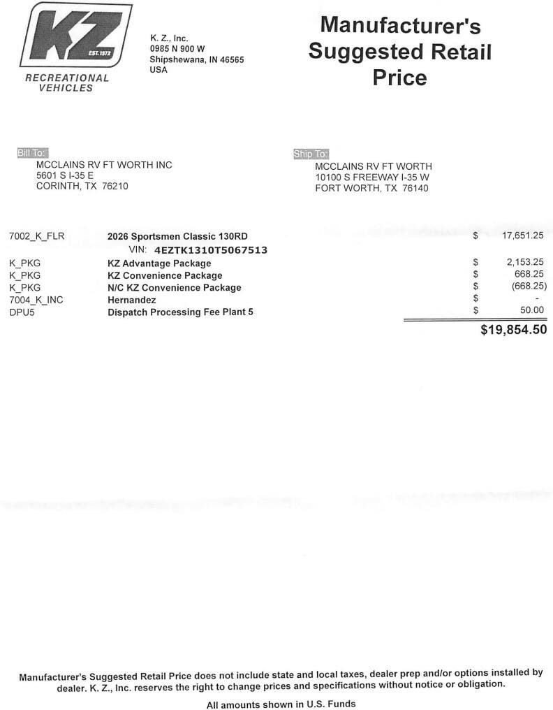 Contact us now about this 2026 K-Z Sportsmen Classic 130RD! 2026 Sportsmen Classic 130RD by K-Z from McClain's RV Fort Worth in Fort Worth, Texas