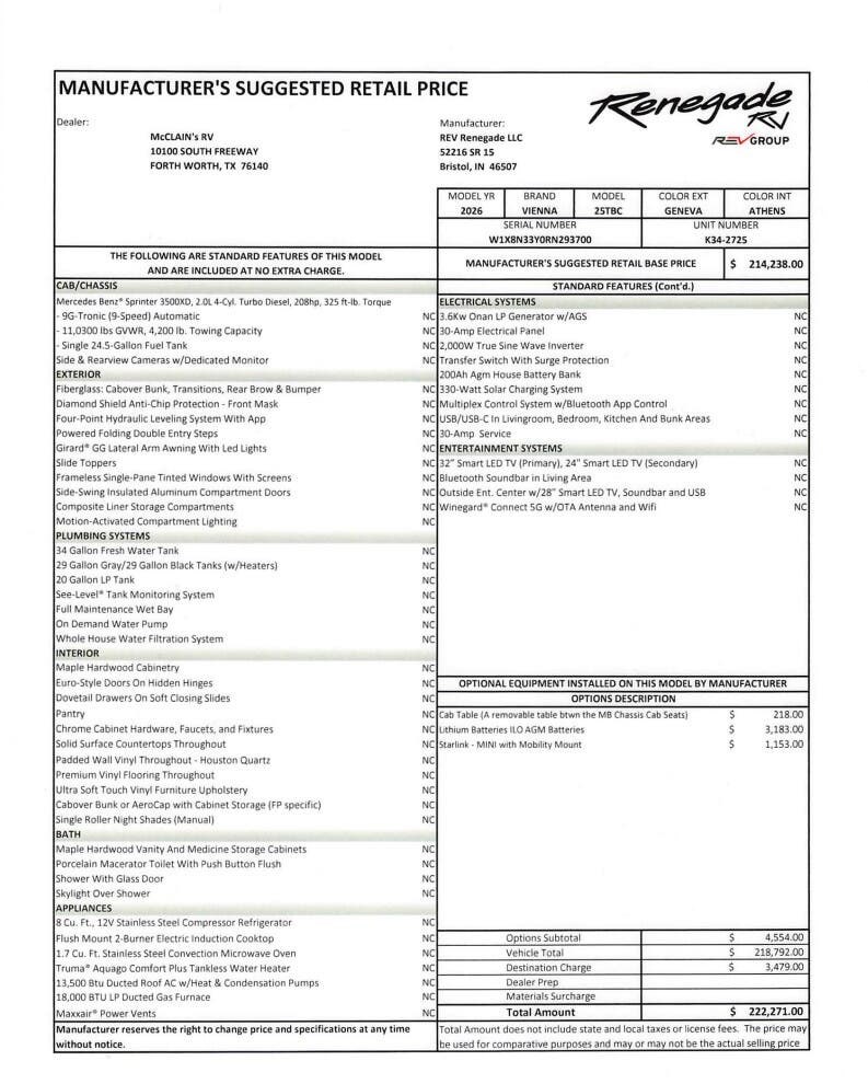 Contact us now about this 2026 Renegade VIENNA 25TBC! 2026 VIENNA 25TBC by Renegade from McClain's RV Fort Worth in Fort Worth, Texas