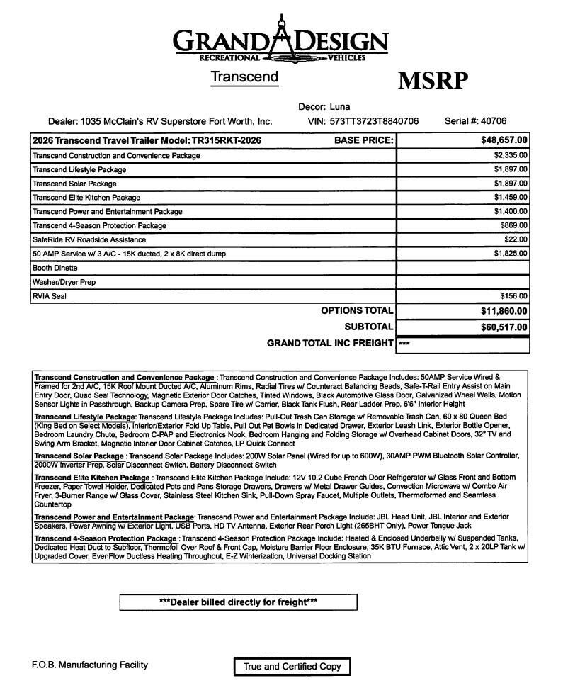 Contact us now about this 2026 Grand Design Transcend 315RKT! 2026 Transcend 315RKT by Grand Design from McClain's RV Fort Worth in Fort Worth, Texas