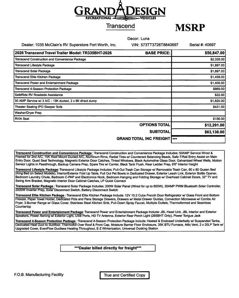 Contact us now about this 2026 Grand Design Transcend 335BHT! 2026 Transcend 335BHT by Grand Design from McClain's RV Fort Worth in Fort Worth, Texas