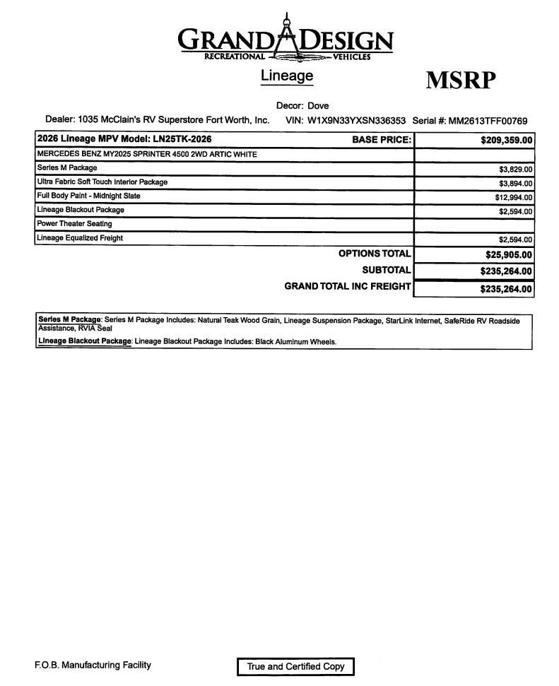 Contact us now about this 2026 Grand Design Lineage 25TK! 2026 Lineage 25TK by Grand Design from McClain's RV Fort Worth in Fort Worth, Texas