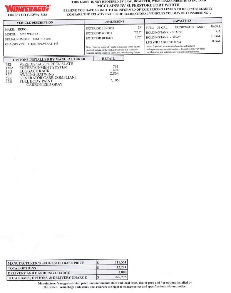 Contact us now about this 2026 Winnebago Ekko 22A! 2026 Ekko 22A by Winnebago from McClain's RV Fort Worth in Fort Worth, Texas