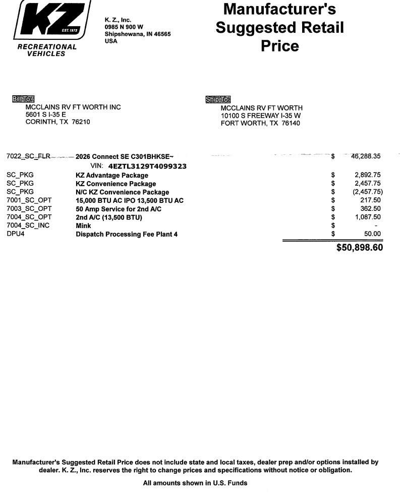 Contact us now about this 2026 K-Z Connect SE 301BHK! 2026 Connect SE 301BHK by K-Z from McClain's RV Fort Worth in Fort Worth, Texas
