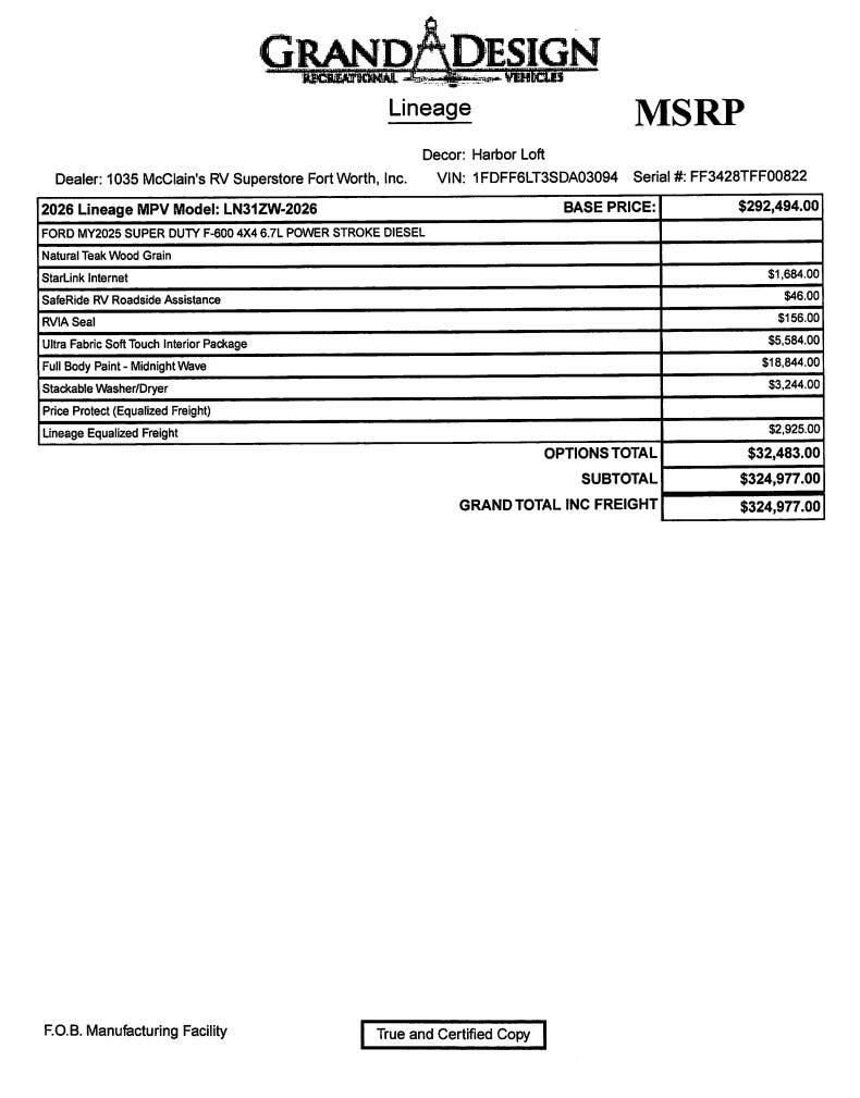 Contact us now about this 2026 Grand Design Lineage 31ZW! 2026 Lineage 31ZW by Grand Design from McClain's RV Fort Worth in Fort Worth, Texas