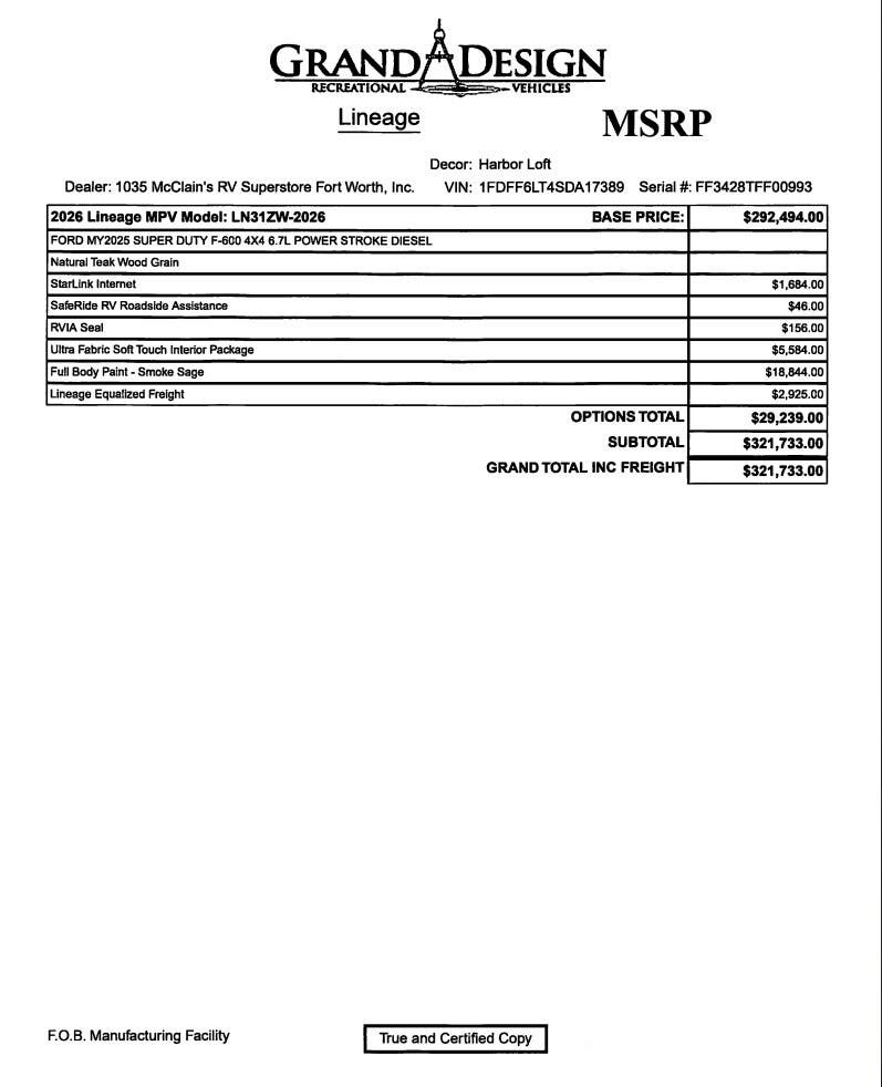 Contact us now about this 2026 Grand Design Lineage 31ZW! 2026 Lineage 31ZW by Grand Design from McClain's RV Fort Worth in Fort Worth, Texas