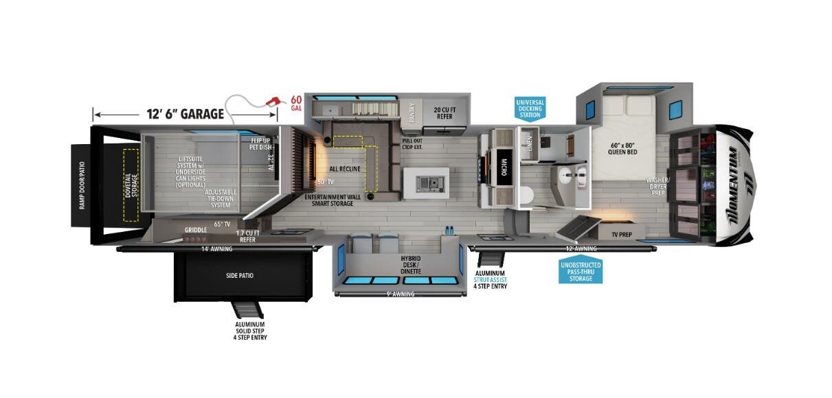 Call now about this 2026 Grand Design Momentum 399M! 2026 Grand Design Momentum 399M - New Toy Hauler For Sale by McClain's RV Fort Worth in Fort Worth, Texas features Central Vacuum, Medicine Cabinet, Furnace, Queen Bed, Toilet