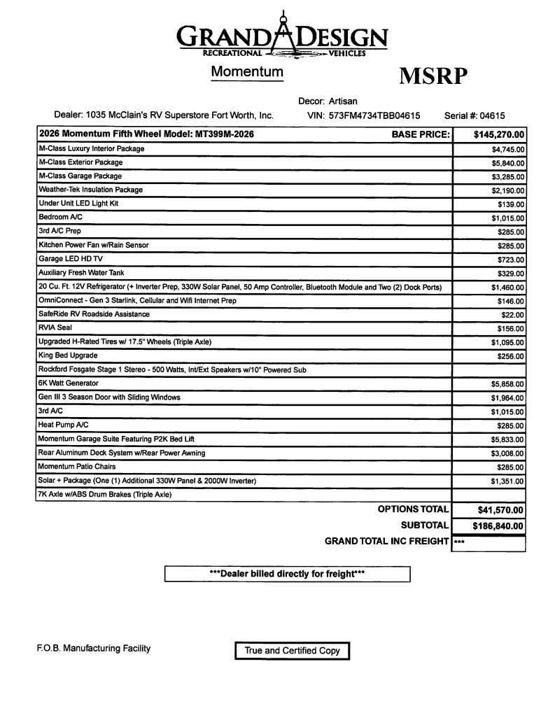 Contact us now about this 2026 Grand Design Momentum 399M! 2026 Momentum 399M by Grand Design from McClain's RV Fort Worth in Fort Worth, Texas