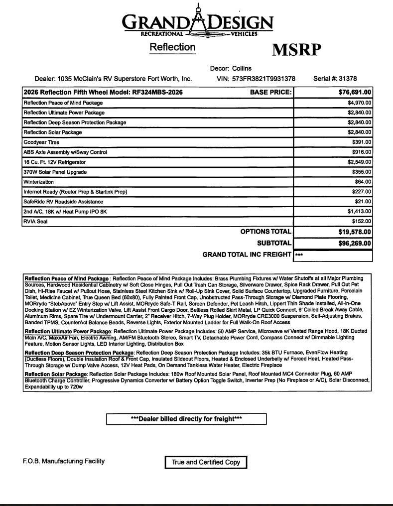 Contact us now about this 2026 Grand Design Reflection 324MBS! 2026 Reflection 324MBS by Grand Design from McClain's RV Fort Worth in Fort Worth, Texas