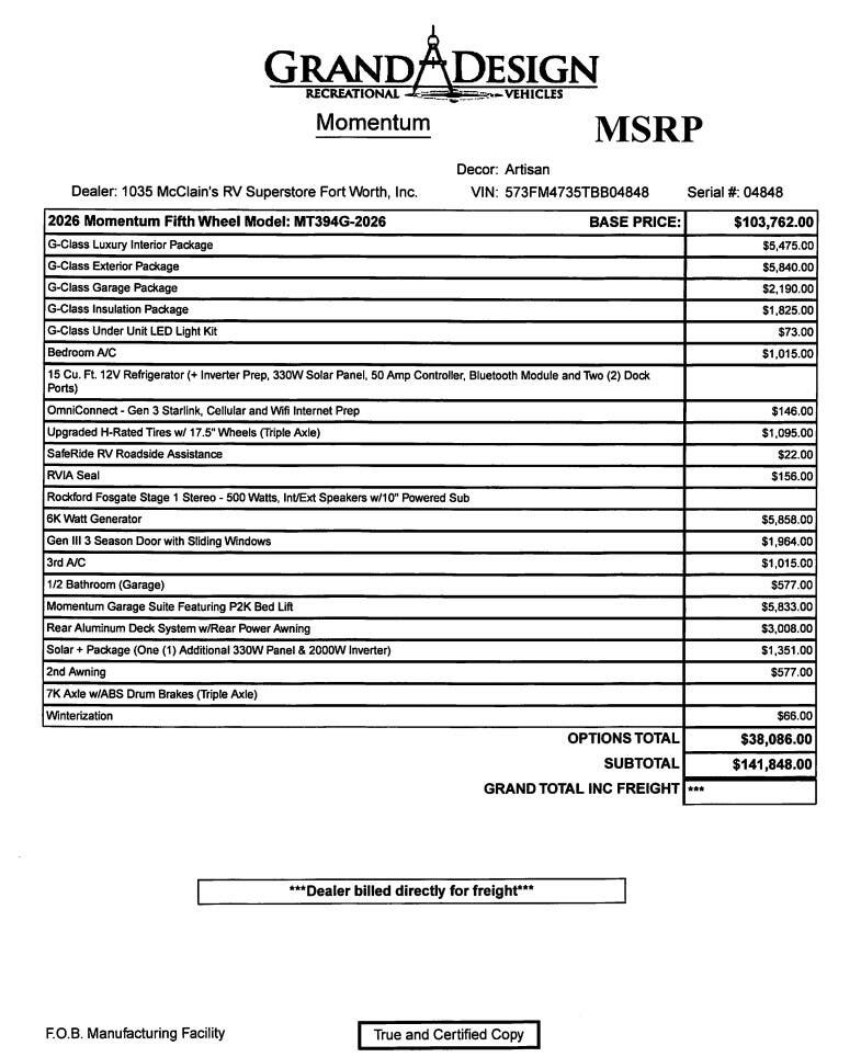 Contact us now about this 2026 Grand Design Momentum G-Class 394G! 2026 Momentum G-Class 394G by Grand Design from McClain's RV Fort Worth in Fort Worth, Texas