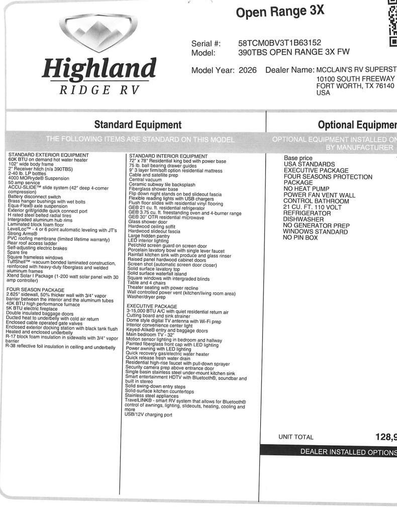 Contact us now about this 2026 Open Range Open Range - 3X 390TBS! 2026 Open Range - 3X 390TBS by Open Range from McClain's RV Fort Worth in Fort Worth, Texas