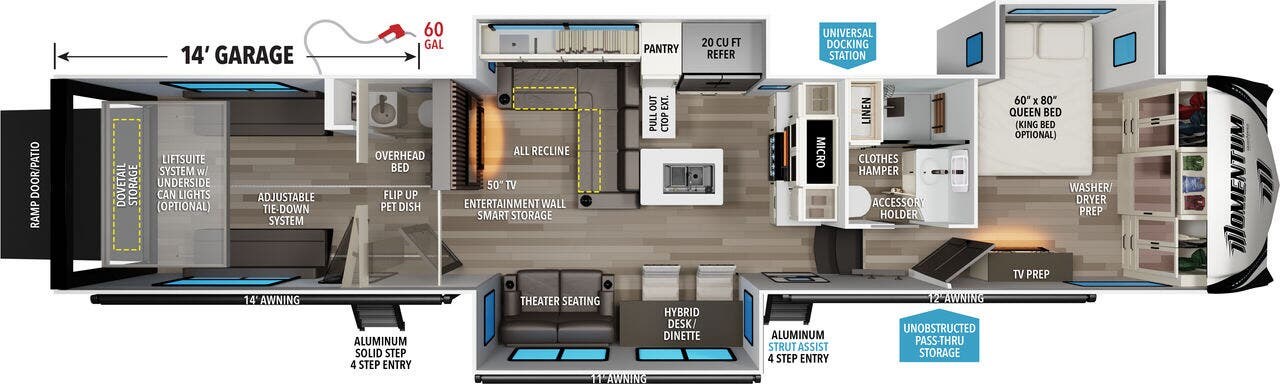 Call now about this 2026 Grand Design Momentum 395MT! 2026 Grand Design Momentum 395MT - New Toy Hauler For Sale by McClain's RV Fort Worth in Fort Worth, Texas features TV Antenna, Medicine Cabinet, LED Lights, Awning, Skylight