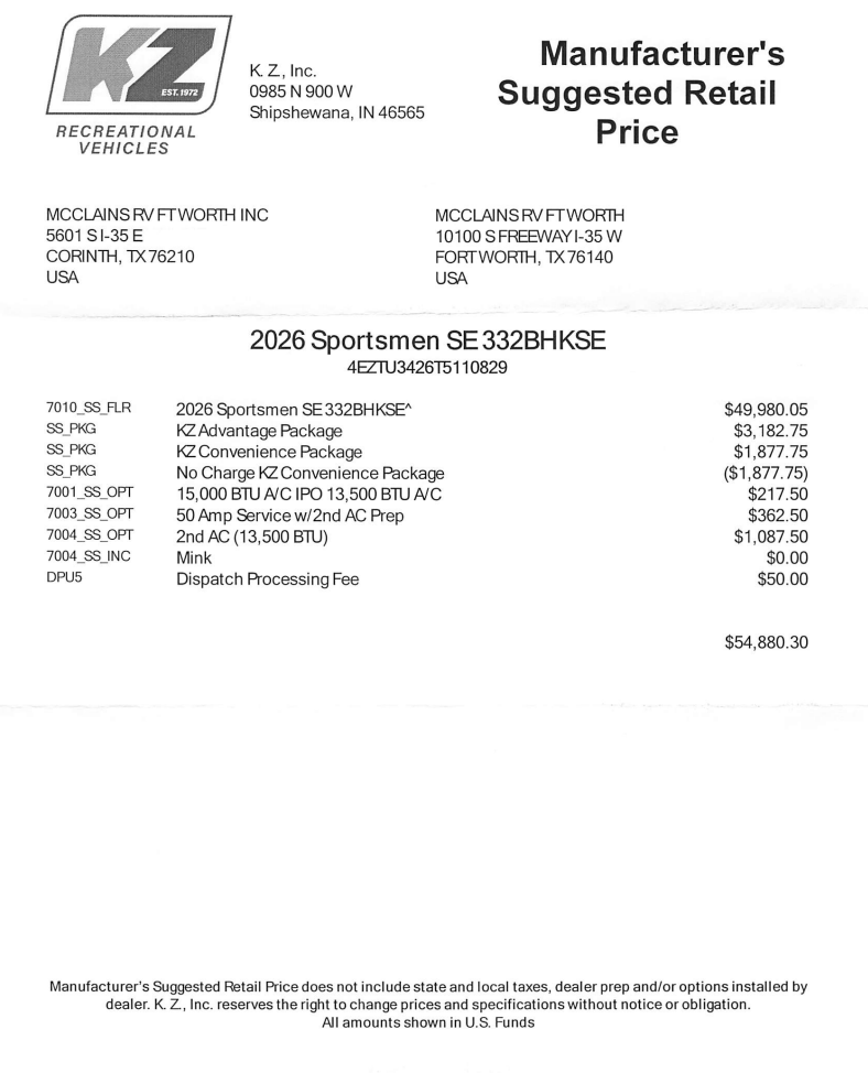 Contact us now about this 2026 K-Z Sportsmen SE 332BHK! 2026 Sportsmen SE 332BHK by K-Z from McClain's RV Fort Worth in Fort Worth, Texas