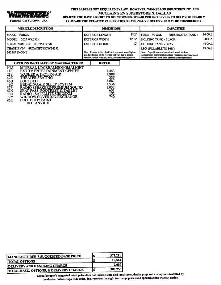 Contact us now about this 2025 Winnebago Forza 36H! 2025 Forza 36H by Winnebago from McClain's RV Fort Worth in Fort Worth, Texas