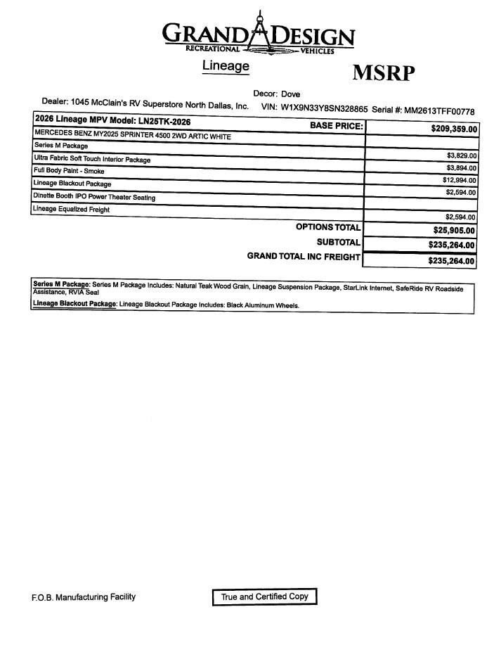 Contact us now about this 2026 Grand Design Lineage 25TK! 2026 Lineage 25TK by Grand Design from McClain's RV Superstore in Corinth, Texas