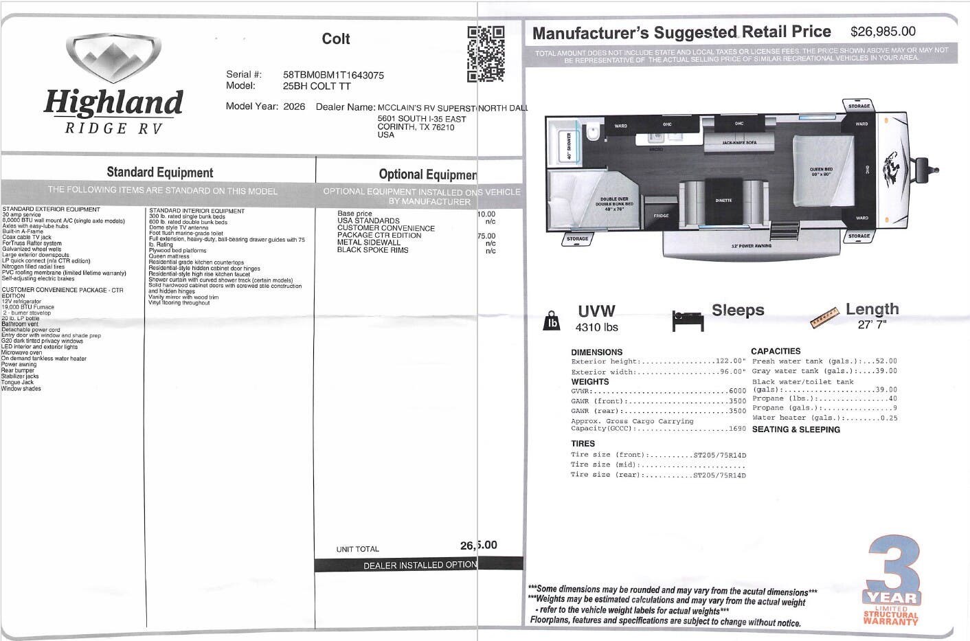 Contact us now about this 2026 Highland Ridge Open Range CONV 25BH! 2026 Open Range CONV 25BH by Highland Ridge from McClain's RV Superstore in Corinth, Texas