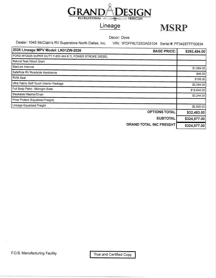 Contact us now about this 2026 Grand Design Lineage 31ZW! 2026 Lineage 31ZW by Grand Design from McClain's RV Superstore in Corinth, Texas