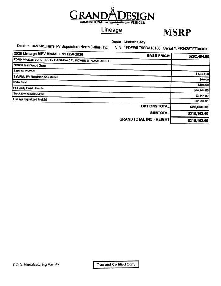 Contact us now about this 2026 Grand Design Lineage 31ZW! 2026 Lineage 31ZW by Grand Design from McClain's RV Superstore in Corinth, Texas