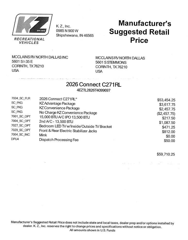 Contact us now about this 2026 K-Z Connect 271RL! 2026 Connect 271RL by K-Z from McClain's RV Superstore in Corinth, Texas