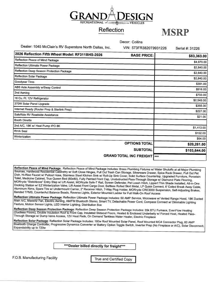 Contact us now about this 2026 Grand Design Reflection 311BHS! 2026 Reflection 311BHS by Grand Design from McClain's RV Superstore in Corinth, Texas