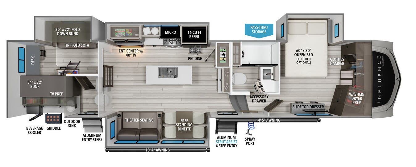 Call now about this 2025 Grand Design Influence 3704BH! 2025 Grand Design Influence 3704BH - New Fifth Wheel For Sale by McClain's RV Oklahoma City in Oklahoma City, Oklahoma features Roof Vents, Bunk Beds, Microwave, Non-Smoking Unit, Outside Kitchen