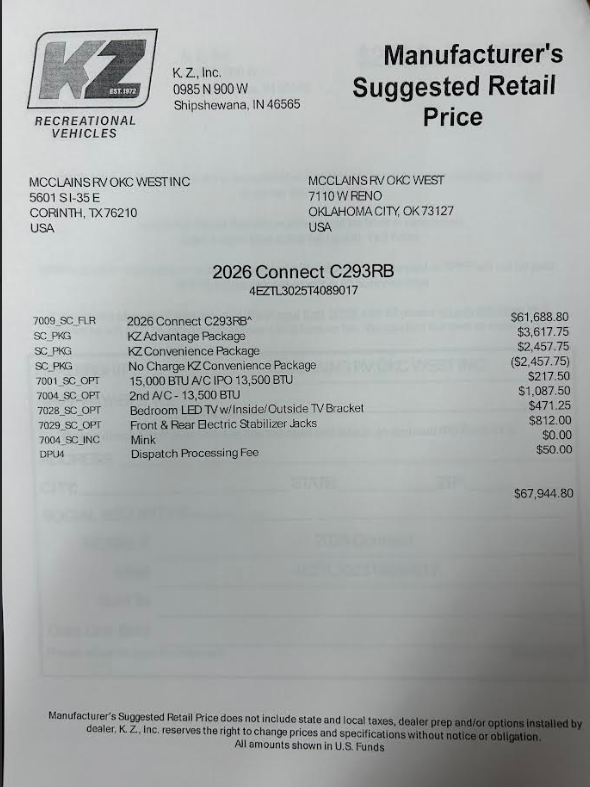 Contact us now about this 2026 K-Z Connect 293RB! 2026 Connect 293RB by K-Z from McClain's RV Oklahoma City in Oklahoma City, Oklahoma