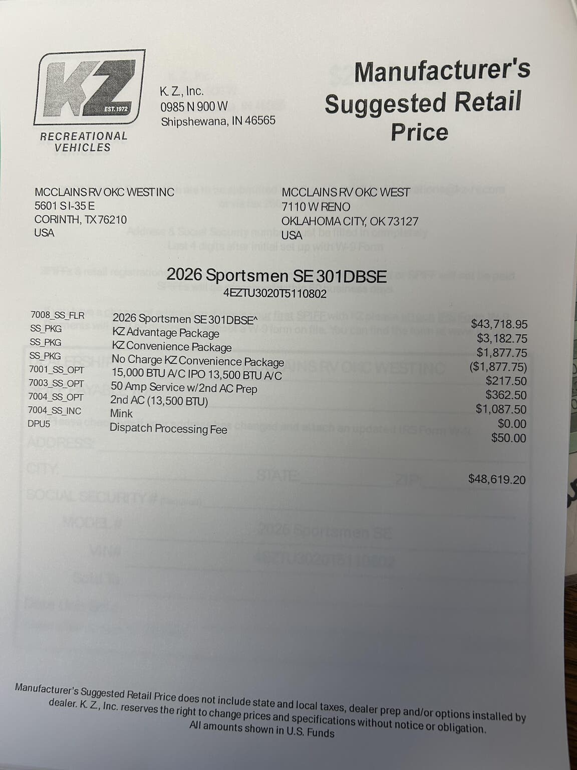 Contact us now about this 2026 K-Z Sportsmen SE 301DB! 2026 Sportsmen SE 301DB by K-Z from McClain's RV Oklahoma City in Oklahoma City, Oklahoma
